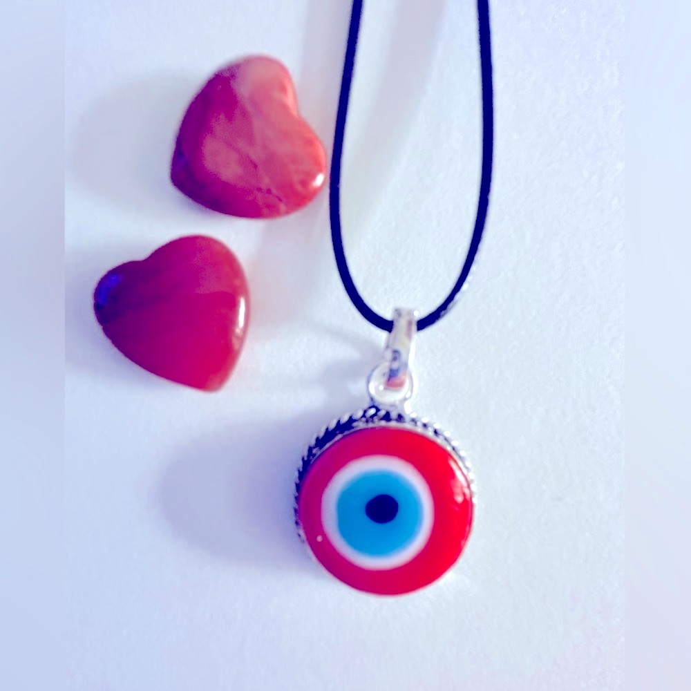 NWOT necklace Orange glass stone  1” Evil Eye .925 silverpl. 18”